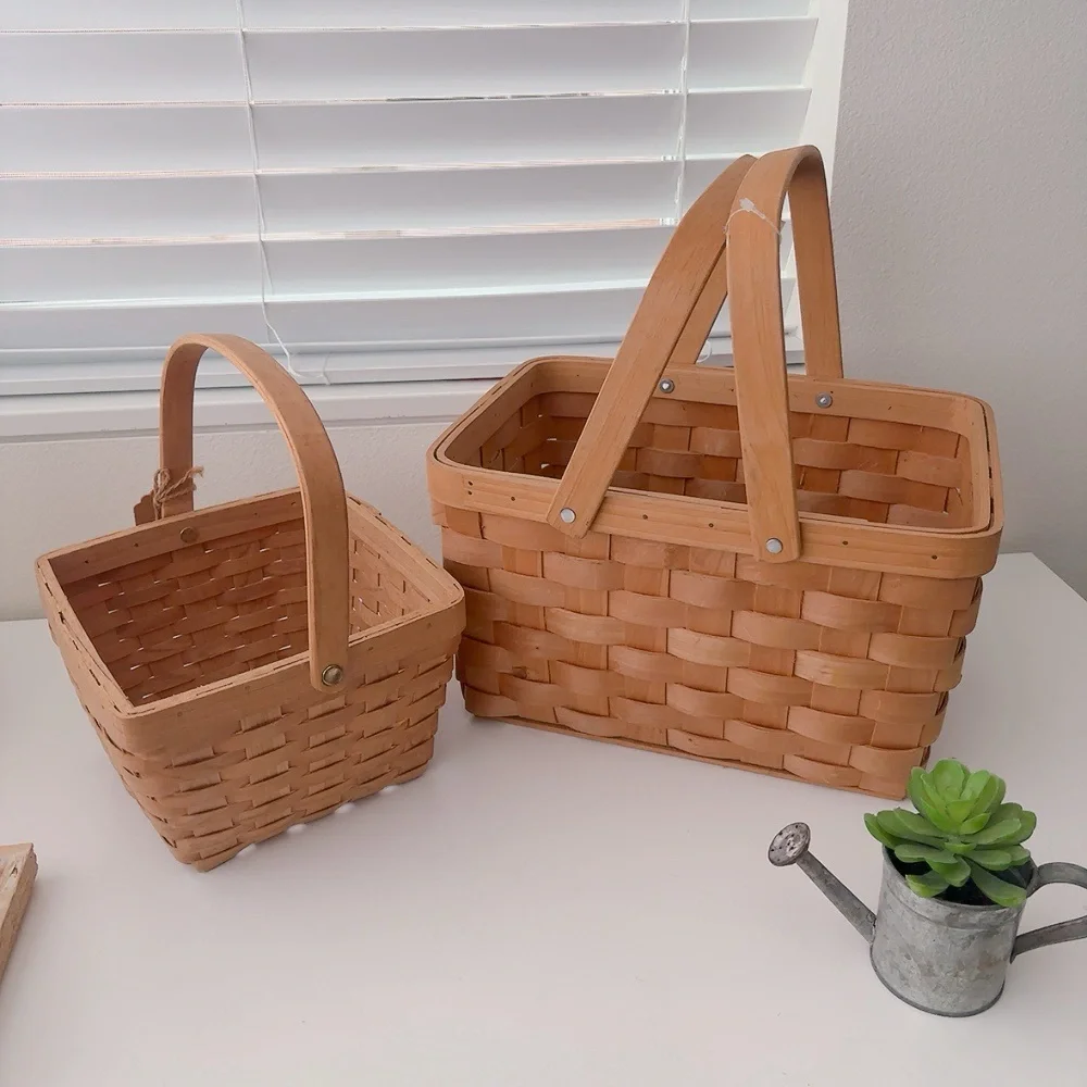 3pcs square woodchip picnic hand woven basket with double folding handle ,